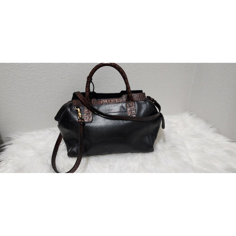 BRAHMIN TUSCAN COLLECTION Black Leather Shoulder Bag Croc Trim Handbag Purse - Picture 2 of 16